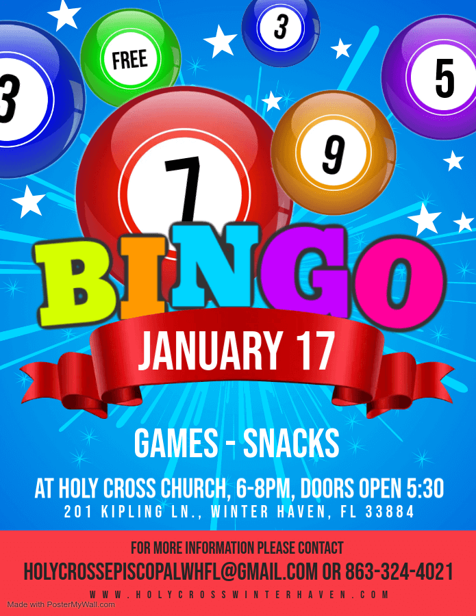 January 2025 BINGO Flyer BINGO January 17 at Holy Cross Church from 6-8pm. Doors open at 5:30pm.